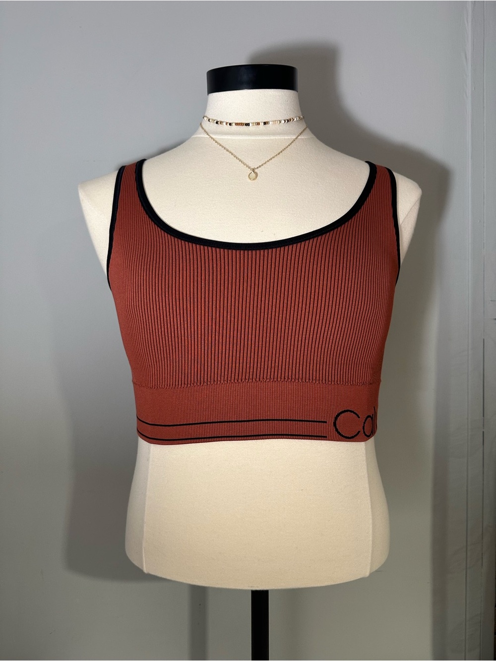 Calvin Klein Rust Ribbed Crop Tank with Black Trim